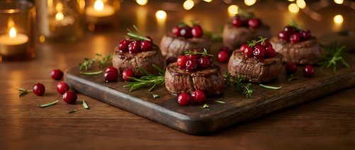 Chocolate cupcakes with cranberries and rosemary on wooden board with warm bokeh lights creating festive holiday atmosphere for seasonal baking celebrations.