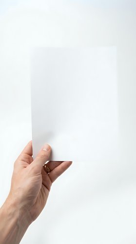 Hand holding blank white paper sheet against neutral background for mockup and presentation purposes.