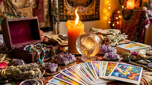 Fortune teller table with tarot cards, crystal ball, burning candle, amethyst crystals and mystical accessories for spiritual divination readings.