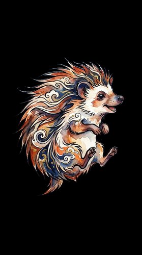 Stylized hedgehog with ornate brown, orange, and navy swirling patterns isolated on transparent background. Ready for t-shirts, stickers, clipart, sublimation, and print-on-demand designs.
