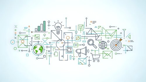 Business strategy concept with icons including lightbulb, charts, globe, target, and geometric shapes in green line art style for presentations.