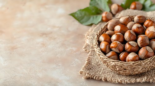 Fresh hazelnuts in rustic woven basket on burlap cloth against blurred beige background with green leaves, copy space for text. Natural food photography.