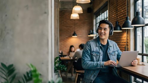 Young Asian man working on laptop in modern industrial cafe with brick walls and pendant lighting for remote work and freelancing concepts.