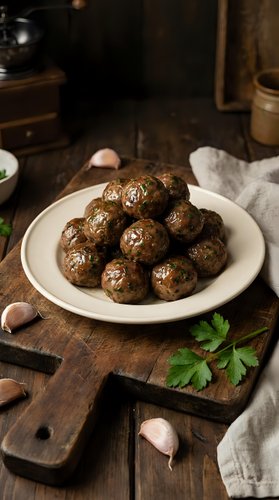 Homemade meatballs on white plate with fresh parsley and garlic on rustic wooden cutting board in cozy kitchen setting for comfort food recipes.