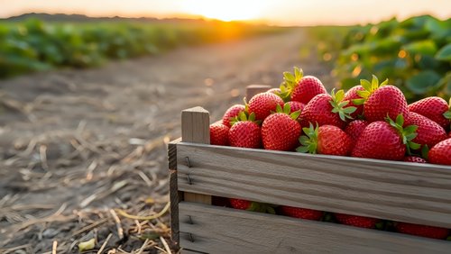 Fresh ripe strawberries in wooden crate at sunset on farm field. Organic berry harvest agriculture concept for healthy eating and farming industry.