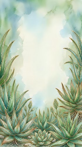 Watercolor succulent plants frame with soft blue green tones and white center space for text or design elements on textured paper background.