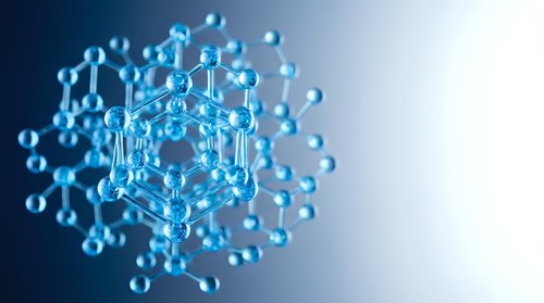 Molecular structure with interconnected atoms and bonds in blue tones on gradient background for scientific research and chemistry education materials.