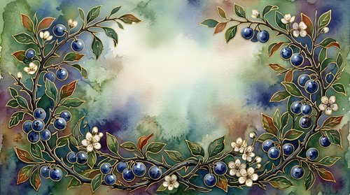Blueberry branches with white flowers frame a soft watercolor sky, creating a natural border design suitable for invitations, cards, and decorative backgrounds.