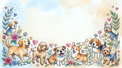 Adorable puppies and dogs border frame with watercolor flowers, hearts and botanical elements on white background for greeting cards and designs.