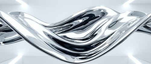 Flowing liquid metal wave with reflective chrome surface creating dynamic curves and smooth transitions for modern design projects.