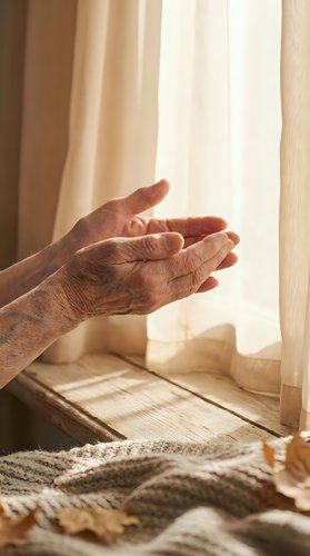 Elderly hands cupped in prayer or meditation gesture by window with warm sunlight streaming through curtains creating peaceful spiritual moment.