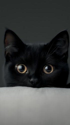 Close-up portrait of black cat with bright golden eyes peering over white surface against dark background, creating mysterious and captivating mood.