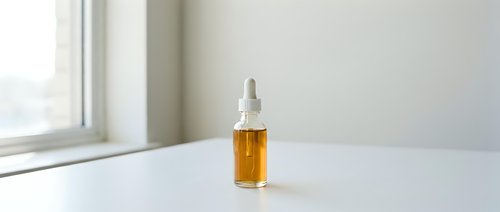 Amber glass dropper bottle with golden serum on white surface near window with natural light for skincare and cosmetic product photography.