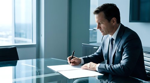 Professional businessman in dark suit signing contract documents at modern office desk near window with city view for corporate business concepts.