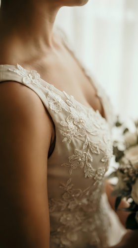 Elegant bride in lace wedding dress with intricate floral embroidery details, soft natural lighting creates romantic bridal portrait atmosphere.