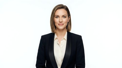 Professional businesswoman in black blazer and white shirt smiling confidently on isolated white background for corporate design and marketing materials.