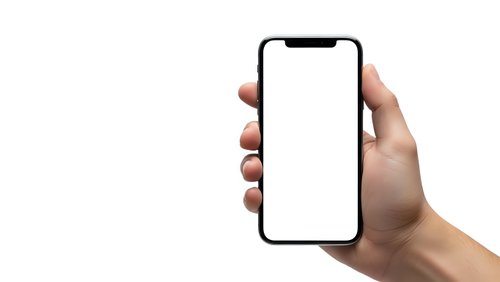 Hand holding modern smartphone with blank white screen isolated on white background for mockup and app presentation purposes.