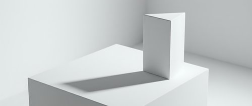 Minimalist white geometric podium with open box on pedestal, casting soft shadows in a clean studio setting for product display.