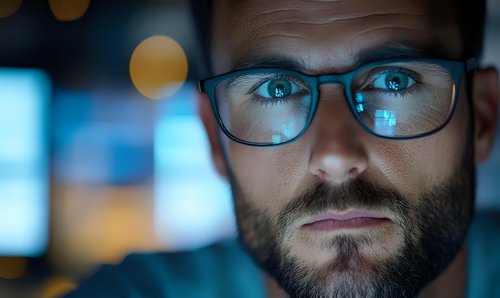 Close up portrait of young Caucasian male wearing glasses with intense blue eyes and trimmed beard against blurred bokeh background in evening lighting.