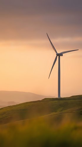 Wind turbine standing on rolling green hillside at golden hour sunset, generating renewable energy against warm sky. Sustainable power generation.