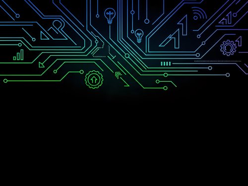 Futuristic circuit board pattern with glowing blue and green lines on black background for technology and electronics design projects.