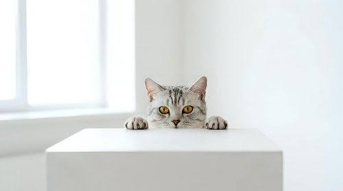 Gray tabby cat peeking over white surface with bright window light creating minimalist composition for pet care and animal behavior concepts.