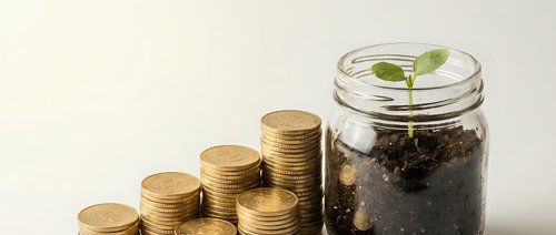 Growing money concept with coins stack and plant seedling in glass jar on neutral background for investment and savings growth.