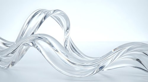 Clear transparent glass wave flowing in elegant curved motion against white background for modern design projects.