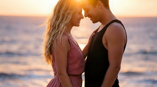 Romantic couple embracing at golden hour sunset on beach, intimate moment with warm sunlight creating dreamy atmosphere for love and relationship concepts.