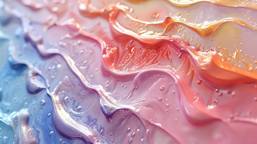 Colorful abstract liquid waves with water drops in pink, orange, and blue tones creating dynamic flowing pattern with wet surface texture and light reflections.