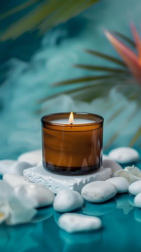 Lit amber glass candle surrounded by white stones and orchid petals on turquoise background with tropical leaves, creating serene spa atmosphere.