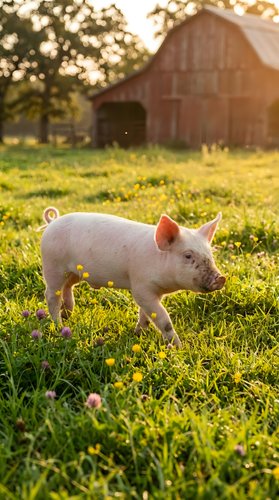 Young piglet standing in sunny pasture with wildflowers and red barn in background, suitable for agriculture, farming, and rural lifestyle content.