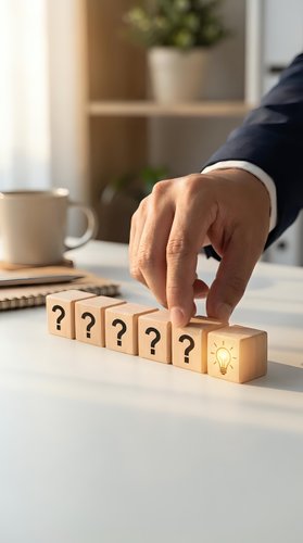 Businessman hand selecting wooden cube with light bulb icon among question marks representing creative solution and innovation in office setting.