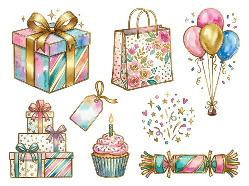 Festive gift box with golden bow, shopping bag with floral pattern, bunch of balloons in pink and gold, stacked presents with striped wrapping, birthday cupcake with candle, confetti elements, and wrapped candy for celebrations.