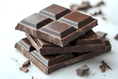 Broken dark chocolate bars stacked in layers with scattered pieces and crumbs on white surface, macro food photography showing rich texture and glossy finish.