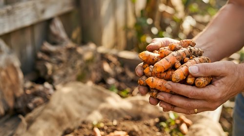 Farmer holding freshly harvested turmeric roots in hands at agricultural field, showing organic spice cultivation and traditional farming practices for food production.
