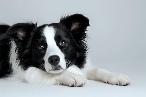 Portrait of attentive Border Collie dog with black and white fur lying down against light background, looking directly at camera with bright expressive eyes.