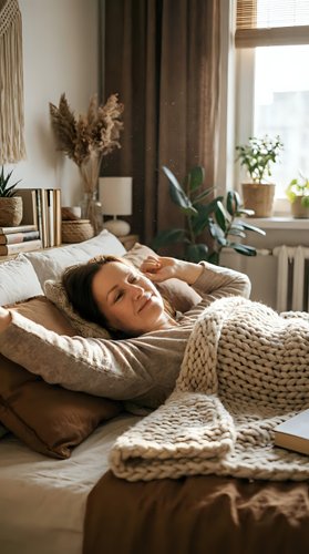 Woman with dark hair and medium skin tone relaxing on bed in cozy bedroom with natural sunlight, knitted blanket, potted plants, and warm earth-tone decor for lifestyle and wellness content.