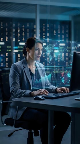 Professional Asian businesswoman analyzing data on futuristic holographic displays in modern office environment for technology presentations.