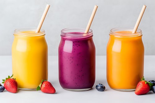 Colorful fresh smoothies in mason jars with straws. Yellow mango, purple berry and orange fruit drinks garnished with strawberries and blueberries on white surface.