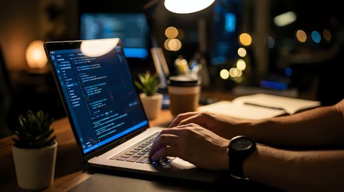 Software developer coding on laptop in modern office workspace with warm ambient lighting and bokeh background during evening work session.