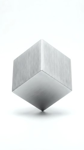 Brushed metal cube floating on white background with geometric shadows and reflective surface for modern design projects.