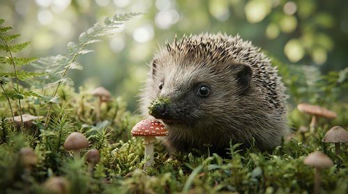 Cute hedgehog exploring forest floor among mushrooms and ferns in natural woodland habitat with soft bokeh background for wildlife and nature content.