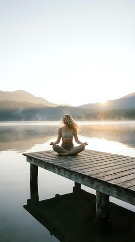 Young Caucasian woman meditating in lotus pose on wooden dock at misty mountain lake during golden sunrise, embodying peace and mindfulness.
