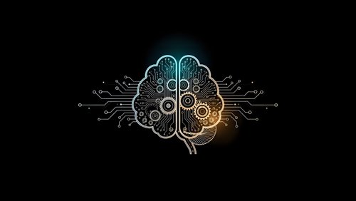 Digital brain with circuit patterns and glowing elements on dark background for technology and artificial intelligence concepts.
