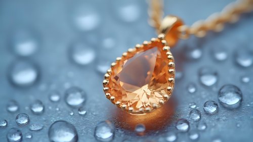 Elegant teardrop crystal pendant necklace in rose gold setting against water droplets background, luxury jewelry macro photography with soft bokeh effect.