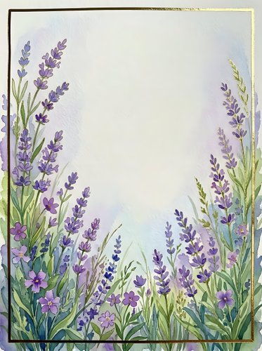 Watercolor lavender flowers frame with empty space for text on textured paper background for wedding invitations, greeting cards and botanical designs.