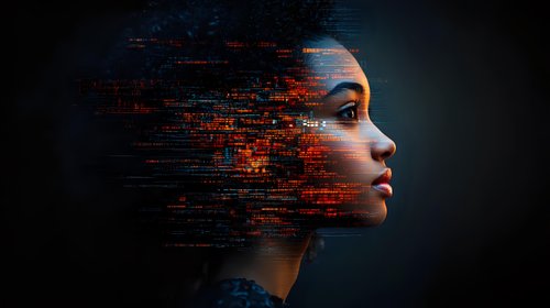Young woman profile with digital particle dispersion effect against dark background, representing artificial intelligence and technological transformation.