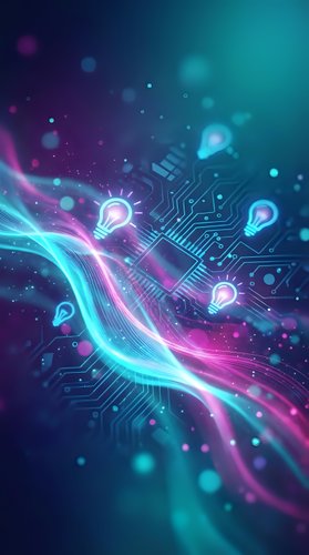 Digital innovation concept with glowing circuit board, light bulbs and flowing energy streams on vibrant blue purple gradient background for tech presentations.