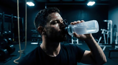 Fit male athlete with dark hair and beard, South Asian ethnicity, drinking water from bottle after workout in modern gym with blue lighting and equipment in background.